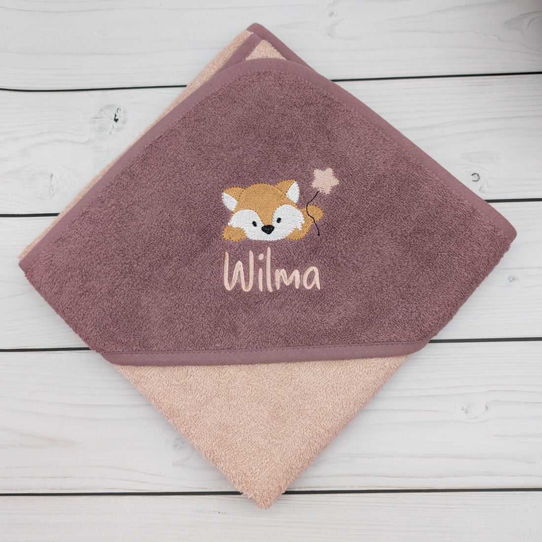 Personalisiertes Kapuzenhandtuch mit Fuchs und Luftballon - mit Name in 100x100cm aus weichem Frottee
