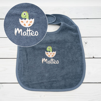 Lätzchen aus Frottee Dino im Ei und Name personalisiert