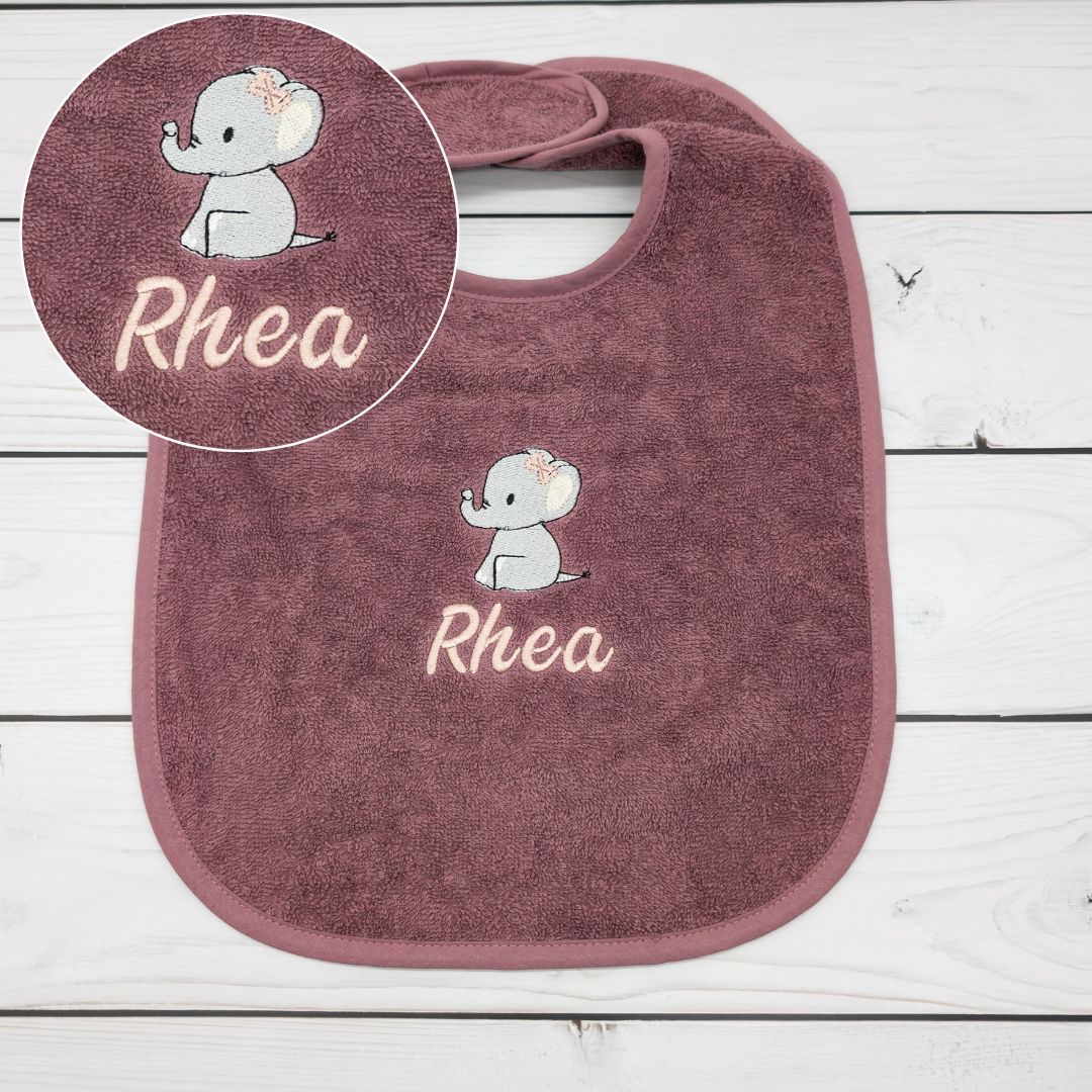 Lätzchen aus Frottee Elefant mit Schleife und Name personalisiert