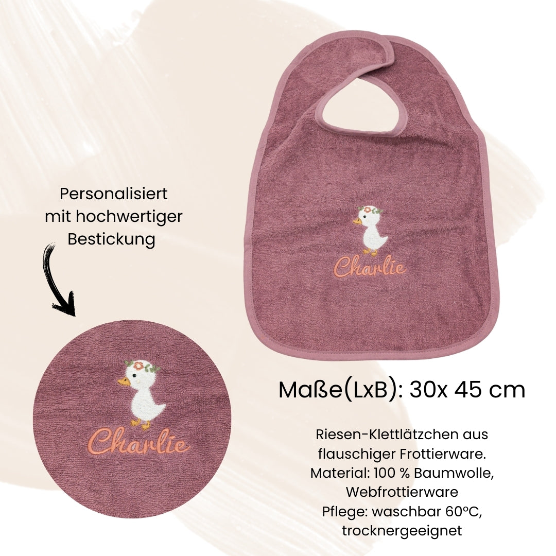 Lätzchen in rosa aus Frottee in rosa mit Gans und Name personalisiert