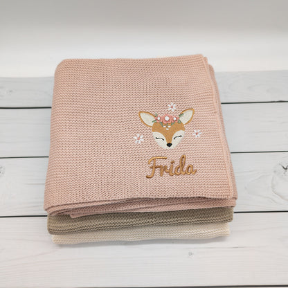 Personalisierte Babydecke mit Reh für Babys 75 x 100cm - Schönes Geschenk zur Taufe