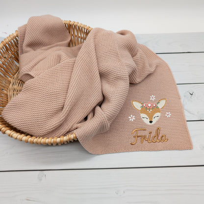 Personalisierte Babydecke mit Reh für Babys 75 x 100cm - Schönes Geschenk zur Taufe