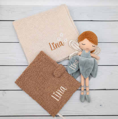 Geschenk-Set Fee - Babydecke und Kuschelpuppe Fee und U-Hefthülle mit Namen bestickt - personalisiertes Geschenk zur Geburt (Kopie)