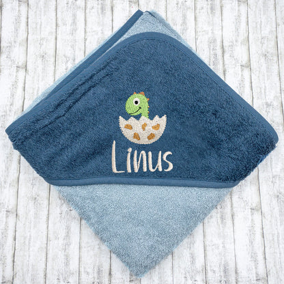Personalisiertes Kapuzenhandtuch Dino im Ei mit Namen personalisiert