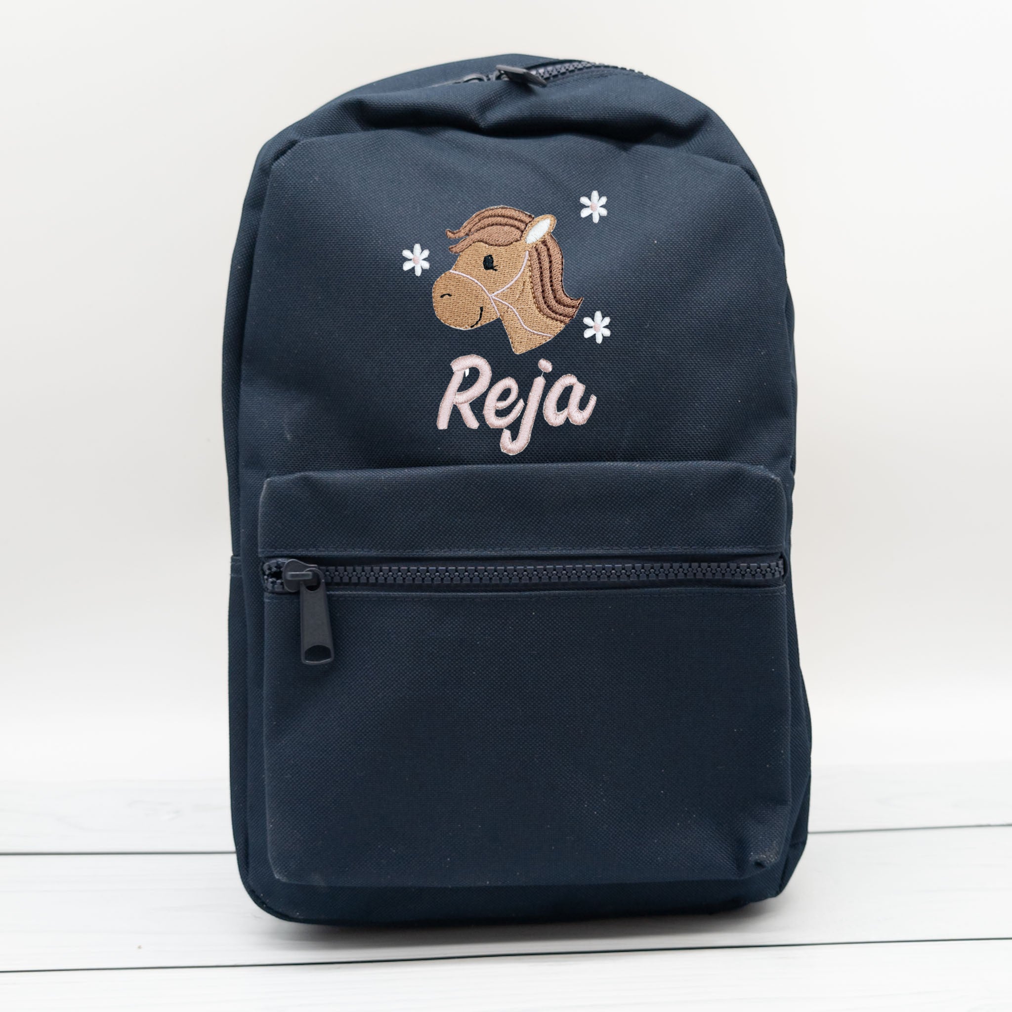 Kinderrucksack personalisiert mit Name und Pferdkopf und Blumen 6 Farben wählbar (Kopie)