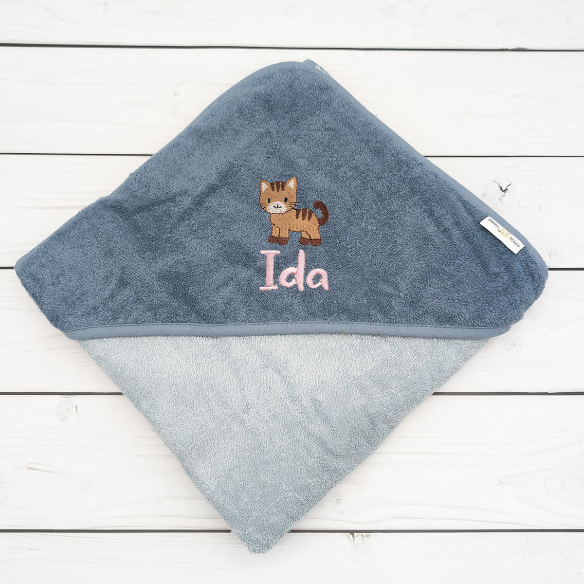Kapuzenhandtuch mit Katze und mit Name personalisiert 100 x 100cm Babygeschenk