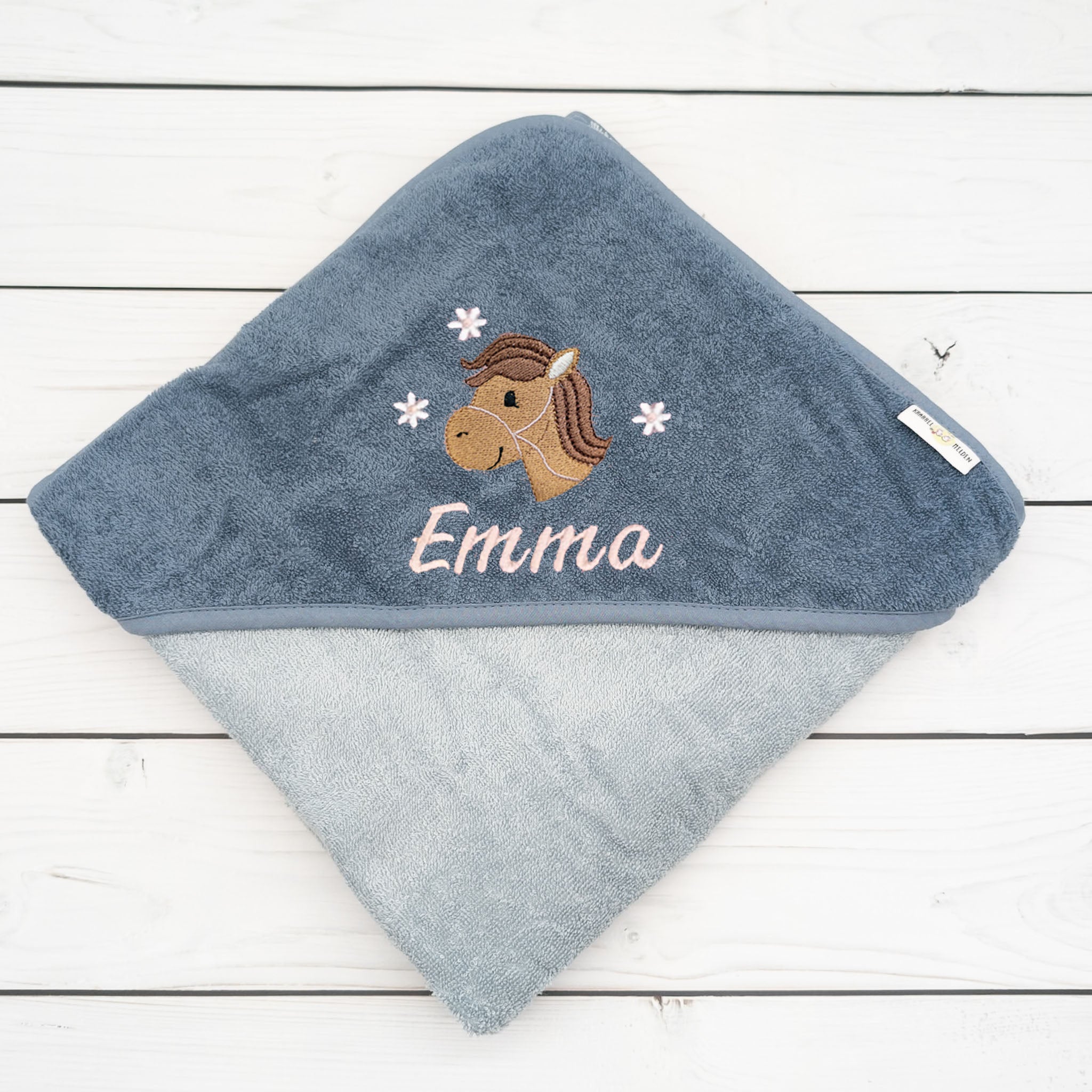 Kapuzenhandtuch für Babys und Kinder in 100x100cm mit Pferd mit Namen personalisiert Geschenk Geburt mit Namen