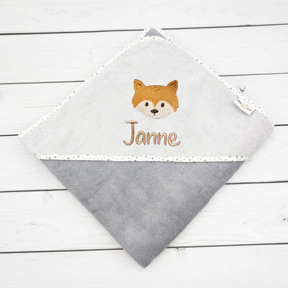 Personalisiertes Kapuzenbadetuch 100x100 cm für Babys &amp; Kinder mit Fuchs – mit Wunschname, ideales Geschenk zur Geburt
