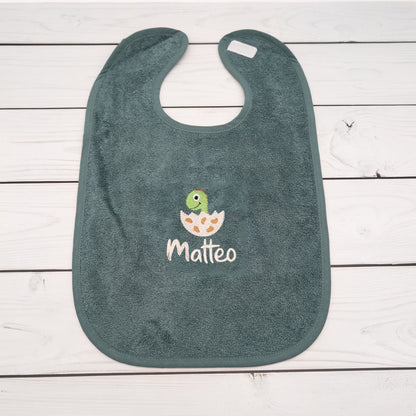 Lätzchen aus Frottee Dino im Ei und Name personalisiert