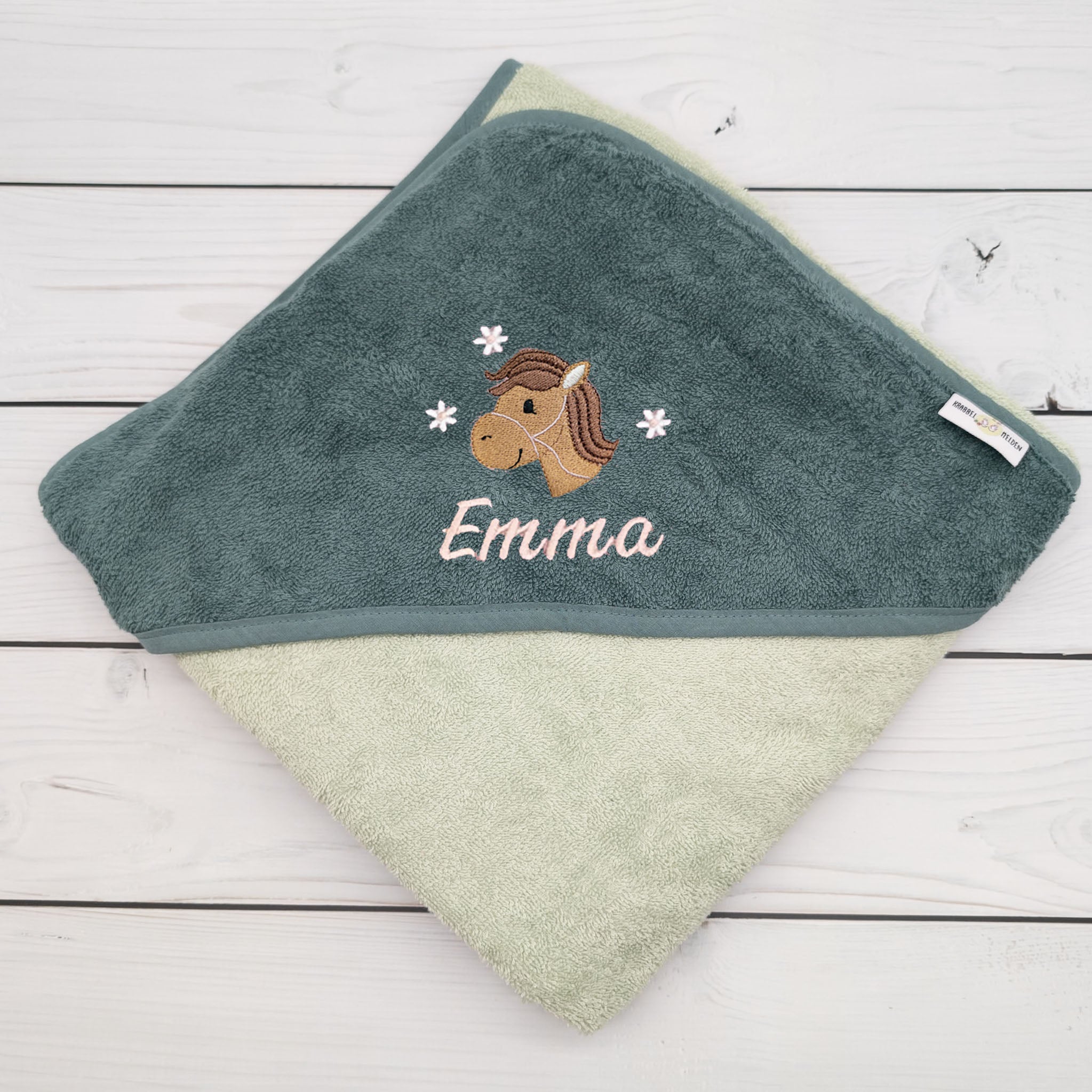 Kapuzenhandtuch für Babys und Kinder in 100x100cm mit Pferd mit Namen personalisiert Geschenk Geburt mit Namen