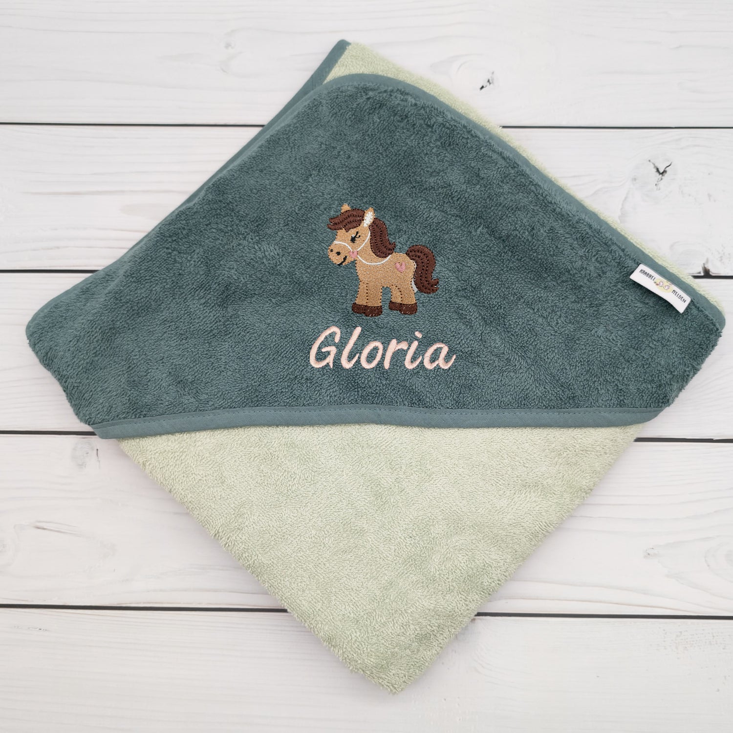 Kapuzenhandtuch mit Pferd und mit Namen personalisiert 100 x 100cm Babygeschenk