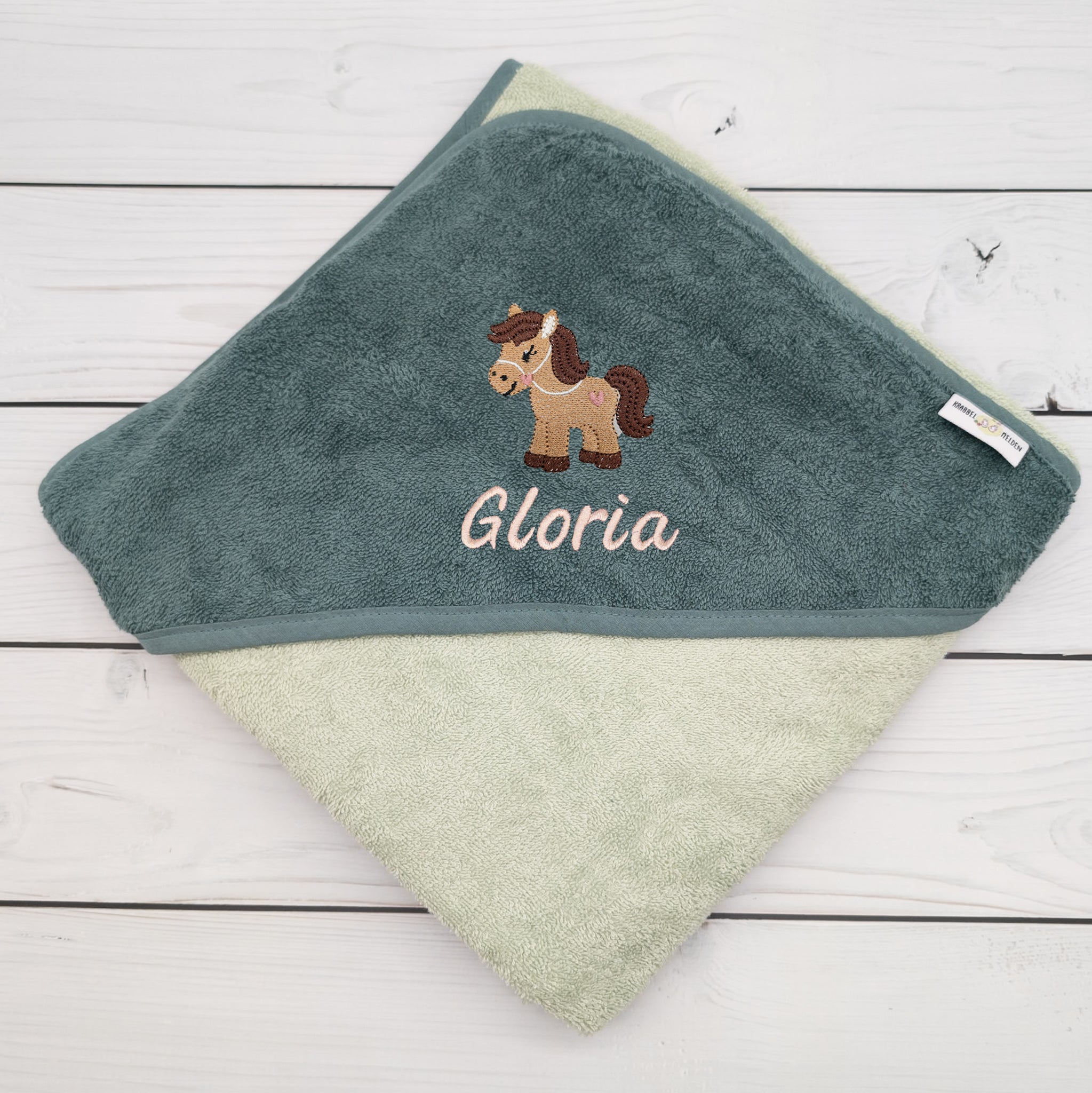 Kapuzenhandtuch mit Pferd und mit Namen personalisiert 100 x 100cm Babygeschenk