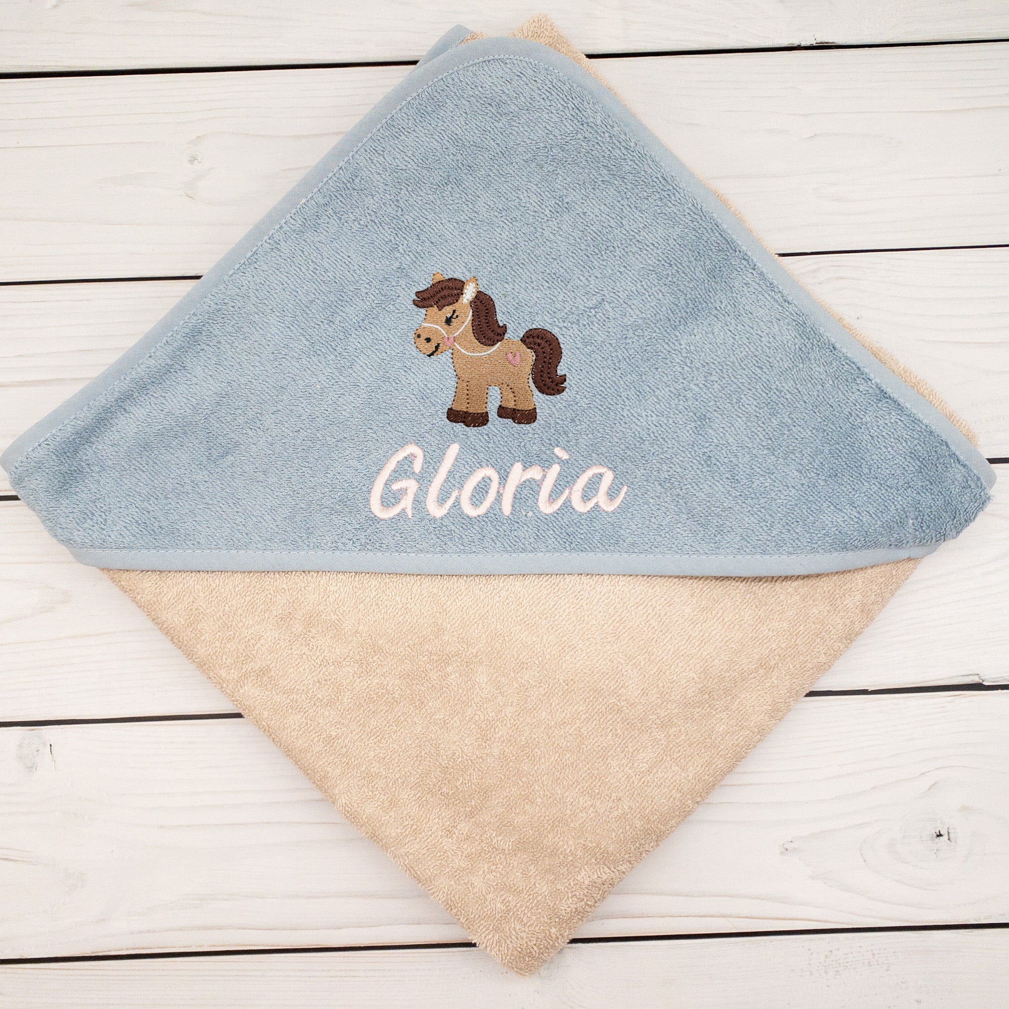 Kapuzenhandtuch mit Pferd und mit Namen personalisiert 100 x 100cm Babygeschenk