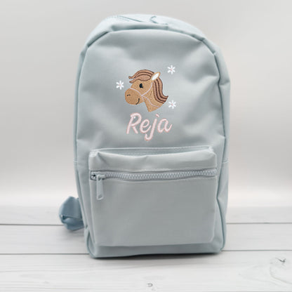 Kinderrucksack personalisiert mit Name und Pferdkopf und Blumen 6 Farben wählbar (Kopie)