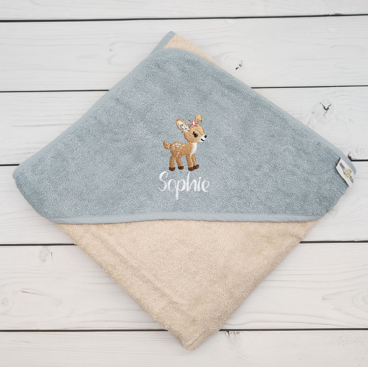 Kapuzenhandtuch mit Reh und mit Name personalisiert 100 x 100cm Babygeschenk