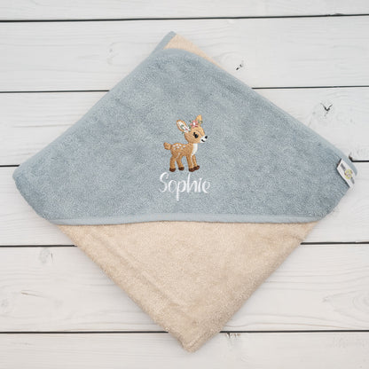 Kapuzenhandtuch mit Reh und mit Name personalisiert 100 x 100cm Babygeschenk