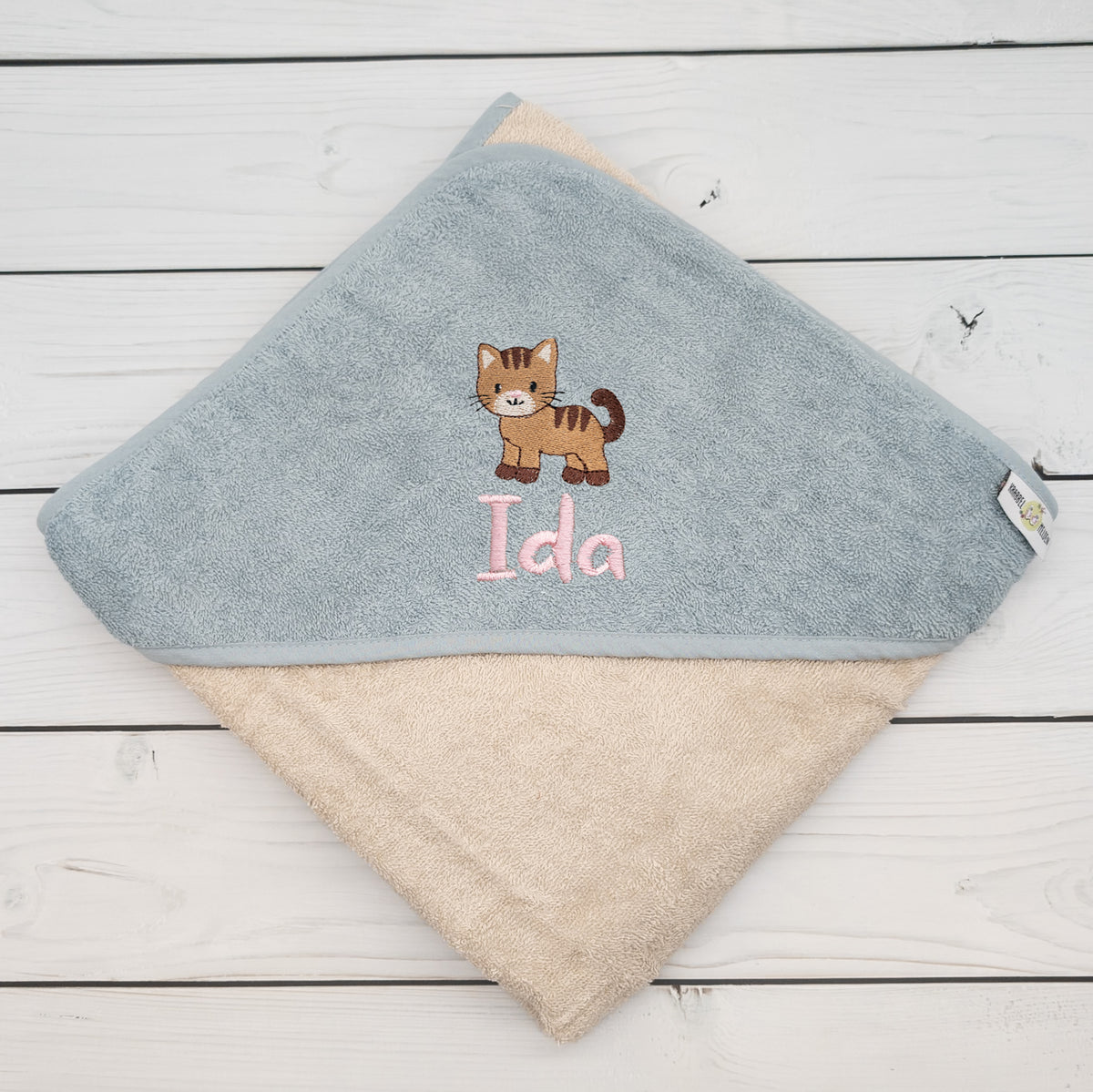 Kapuzenhandtuch mit Katze und mit Name personalisiert 100 x 100cm Babygeschenk