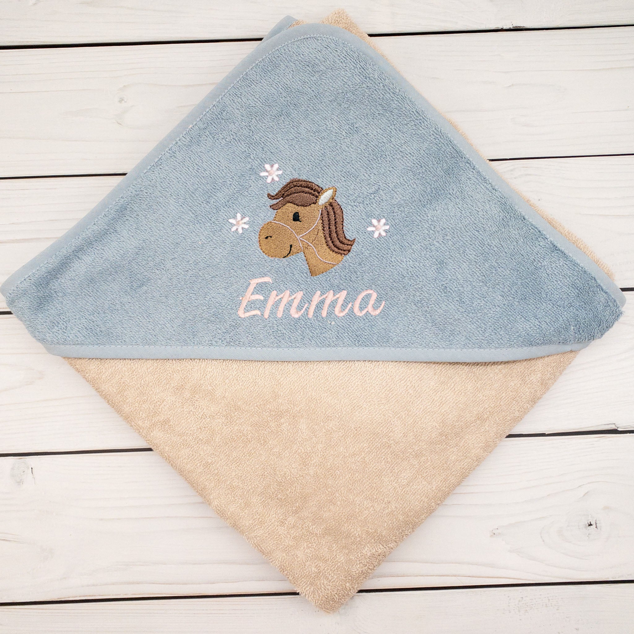 Kapuzenhandtuch für Babys und Kinder in 100x100cm mit Pferd mit Namen personalisiert Geschenk Geburt mit Namen