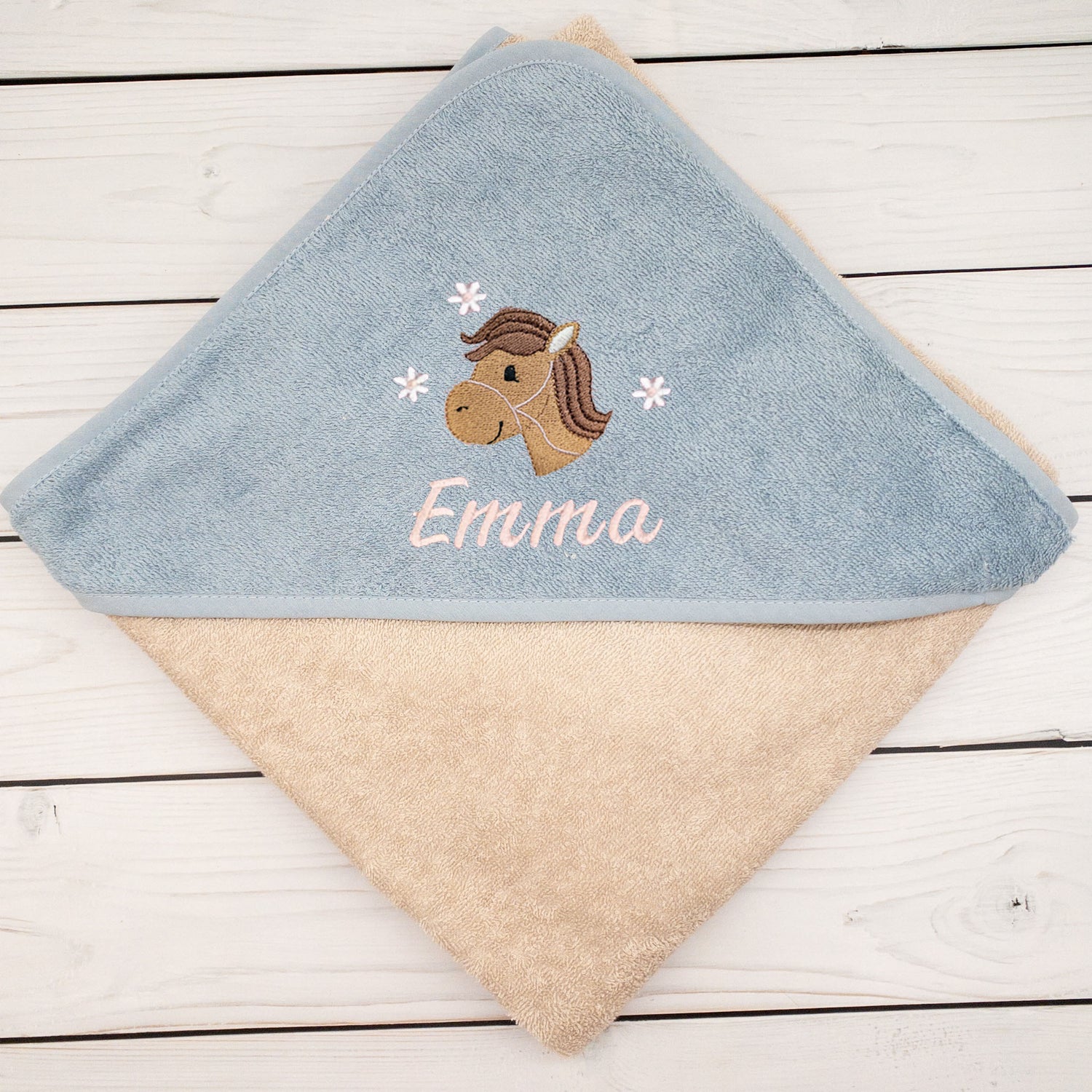Kapuzenhandtuch für Babys und Kinder in 100x100cm mit Pferd mit Namen personalisiert Geschenk Geburt mit Namen