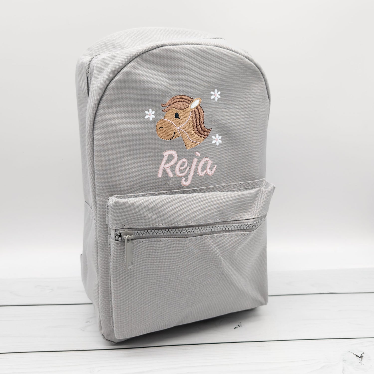 Kinderrucksack personalisiert mit Name und Pferdkopf und Blumen 6 Farben wählbar (Kopie)