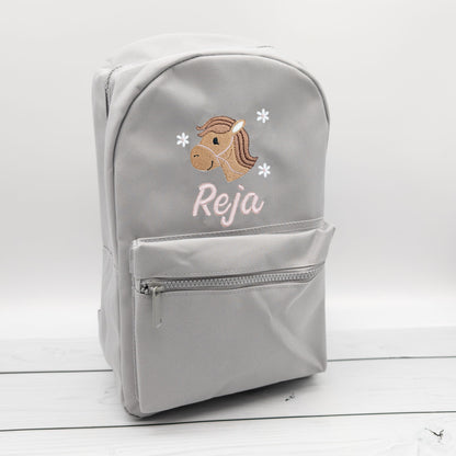 Kinderrucksack personalisiert mit Name und Pferdkopf und Blumen 6 Farben wählbar (Kopie)