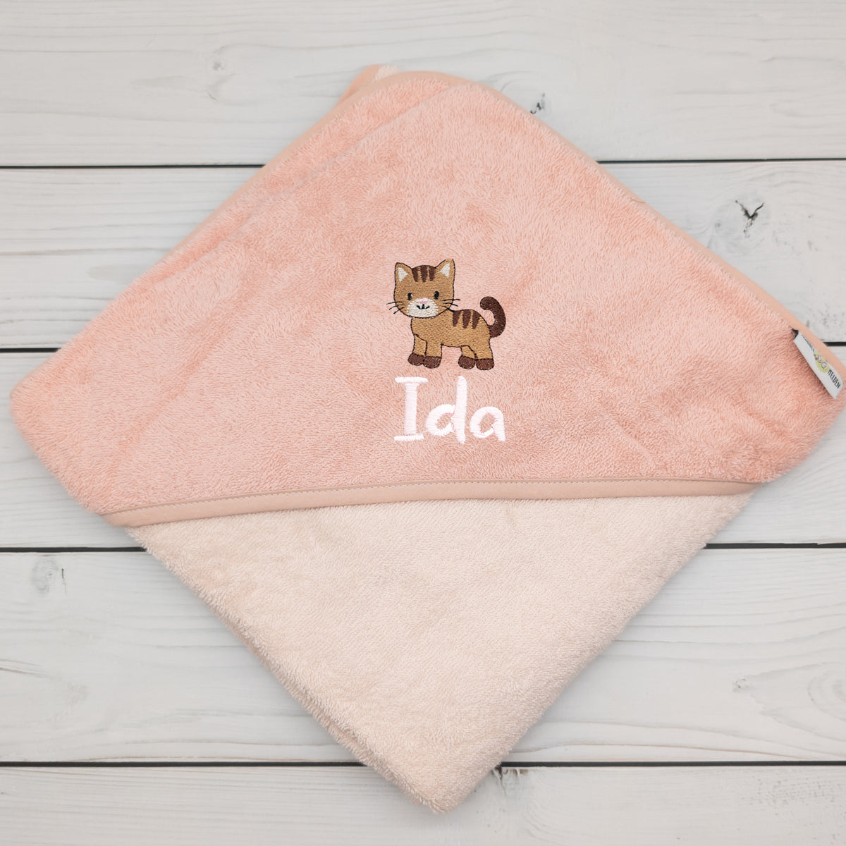 Kapuzenhandtuch mit Katze und mit Name personalisiert 100 x 100cm Babygeschenk
