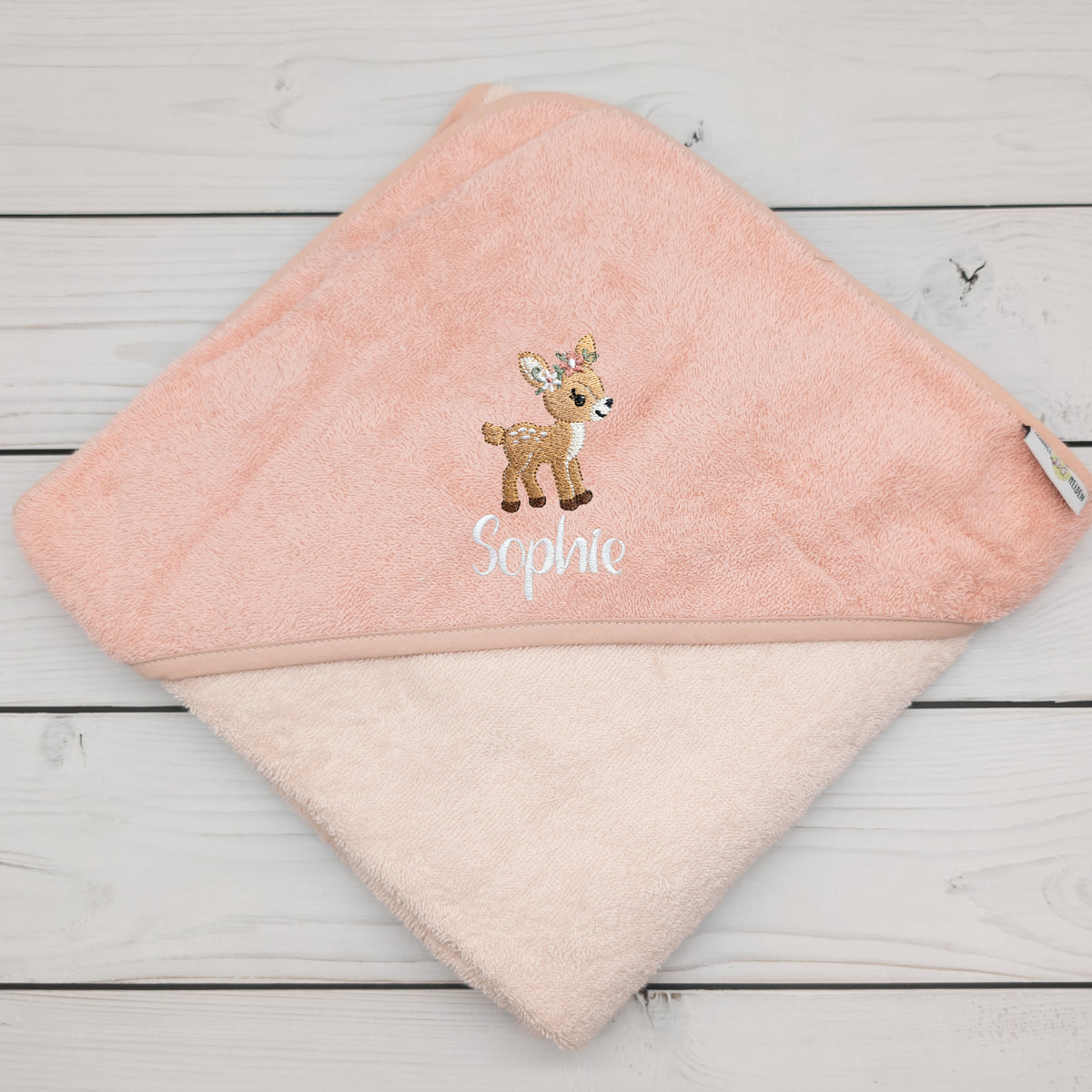 Kapuzenhandtuch mit Reh und mit Name personalisiert 100 x 100cm Babygeschenk