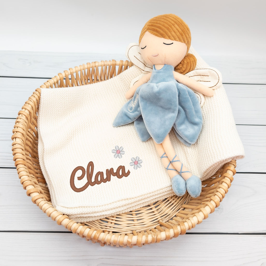 Geschenk-Set Fee - Babydecke und Kuschelpuppe Fee mit Namen bestickt - personalisiertes Geschenk zur Geburt