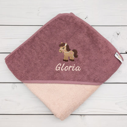 Kapuzenhandtuch mit Pferd und mit Namen personalisiert 100 x 100cm Babygeschenk