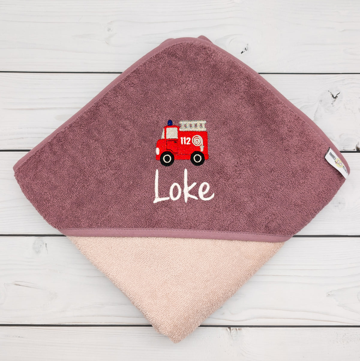 Kapuzenhandtuch mit Feuerwehrauto und Name personalisiert 100x100 cm - Geburtsgeschenk Baby