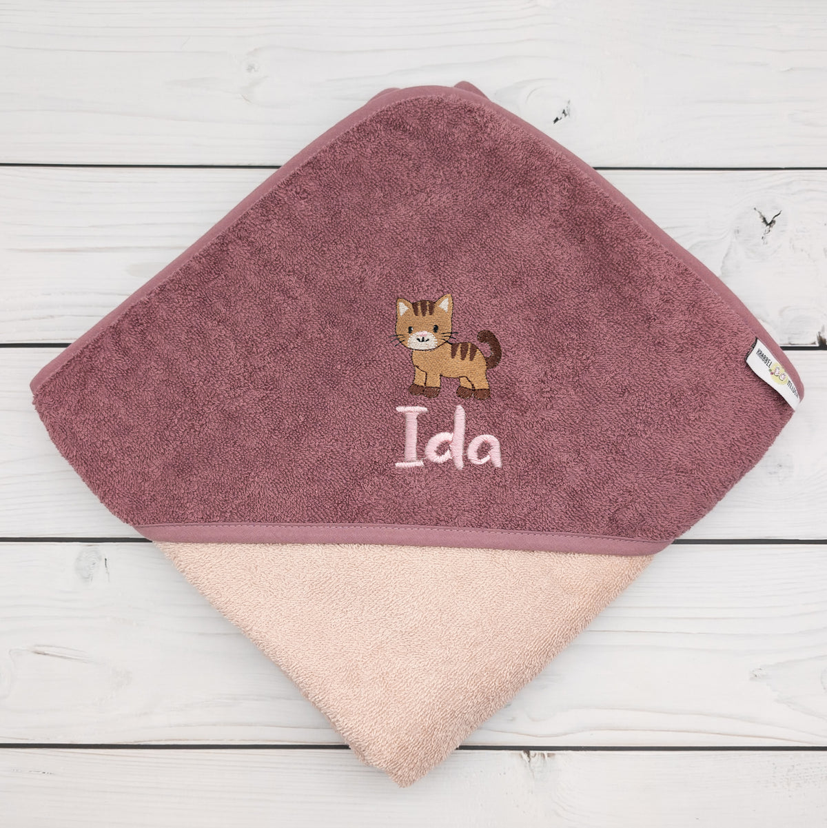 Kapuzenhandtuch mit Katze und mit Name personalisiert 100 x 100cm Babygeschenk