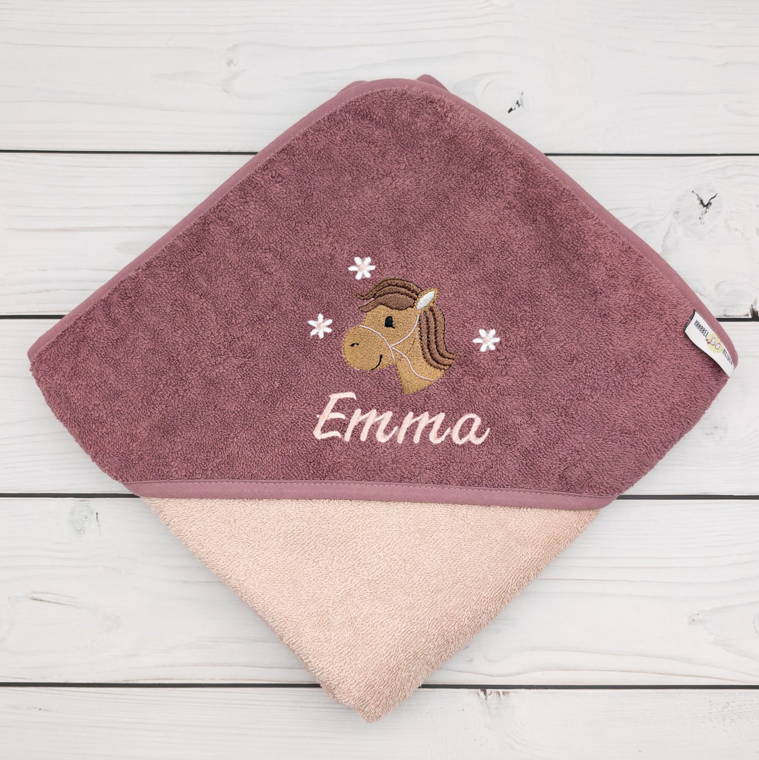Kapuzenhandtuch für Babys und Kinder in 100x100cm mit Pferd mit Namen personalisiert Geschenk Geburt mit Namen