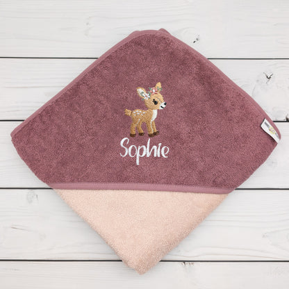 Kapuzenhandtuch mit Reh und mit Name personalisiert 100 x 100cm Babygeschenk