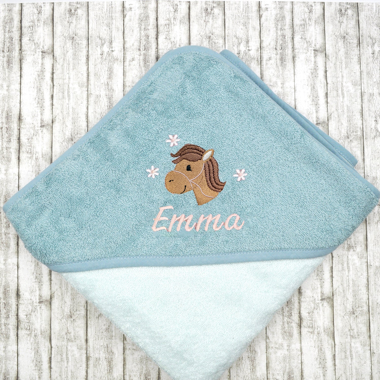 Kapuzenhandtuch für Babys und Kinder in 100x100cm mit Pferd mit Namen personalisiert Geschenk Geburt mit Namen