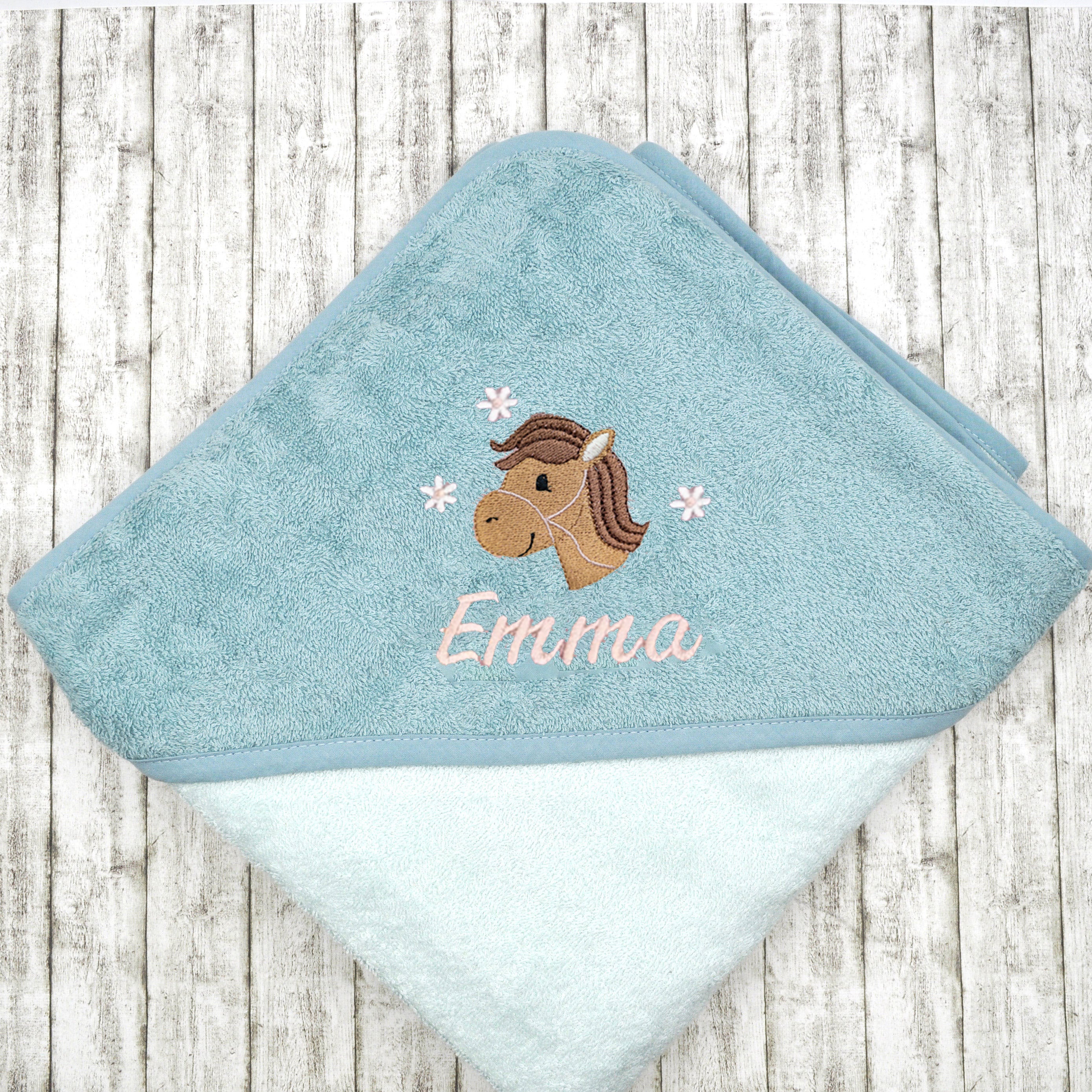 Kapuzenhandtuch für Babys und Kinder in 100x100cm mit Pferd mit Namen personalisiert Geschenk Geburt mit Namen