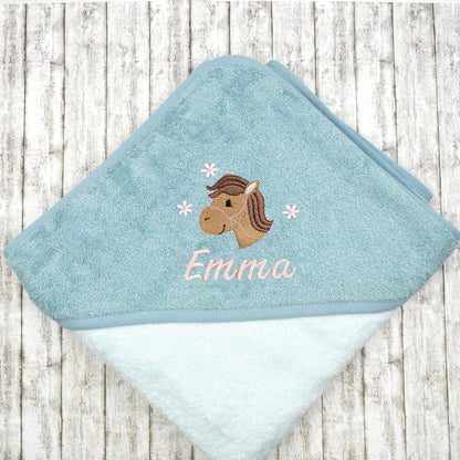 Kapuzenhandtuch für Babys und Kinder in 100x100cm mit Pferd mit Namen personalisiert Geschenk Geburt mit Namen