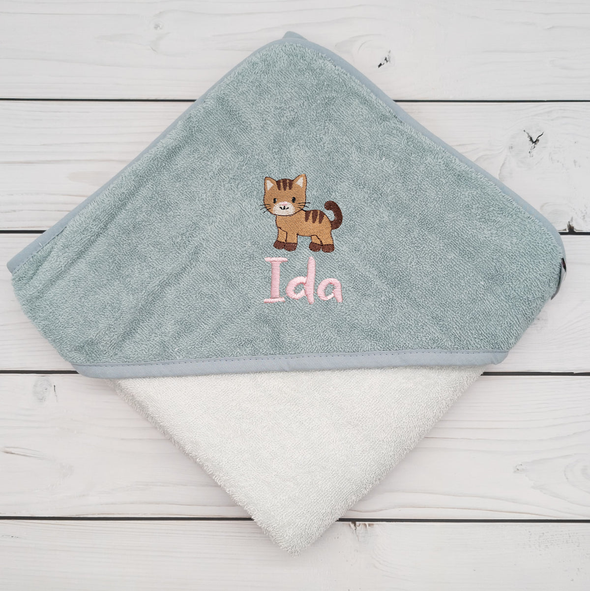 Kapuzenhandtuch mit Katze und mit Name personalisiert 100 x 100cm Babygeschenk