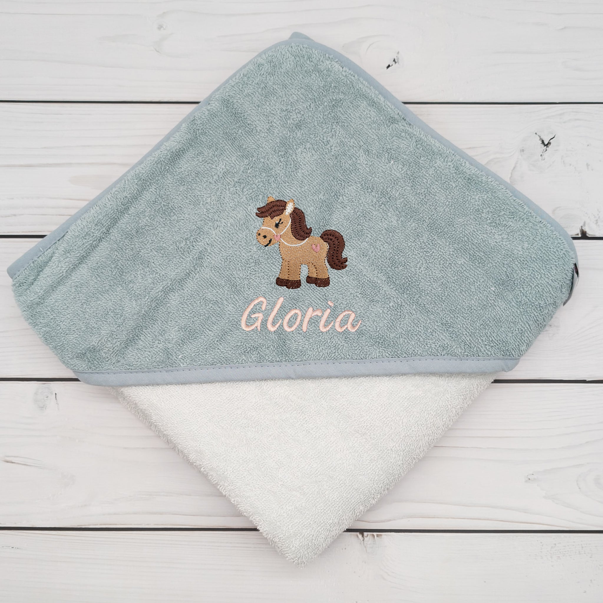 Kapuzenhandtuch mit Pferd und mit Namen personalisiert 100 x 100cm Babygeschenk