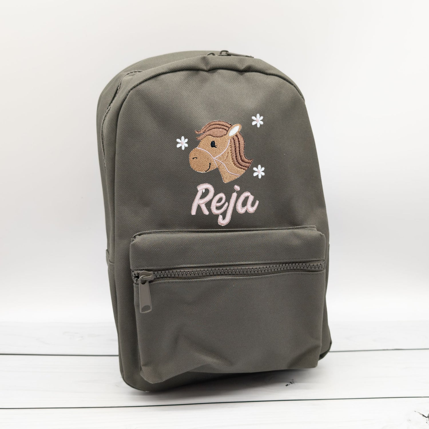 Kinderrucksack personalisiert mit Name und Pferdkopf und Blumen 6 Farben wählbar (Kopie)