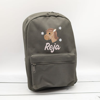 Kinderrucksack personalisiert mit Name und Pferdkopf und Blumen 6 Farben wählbar (Kopie)