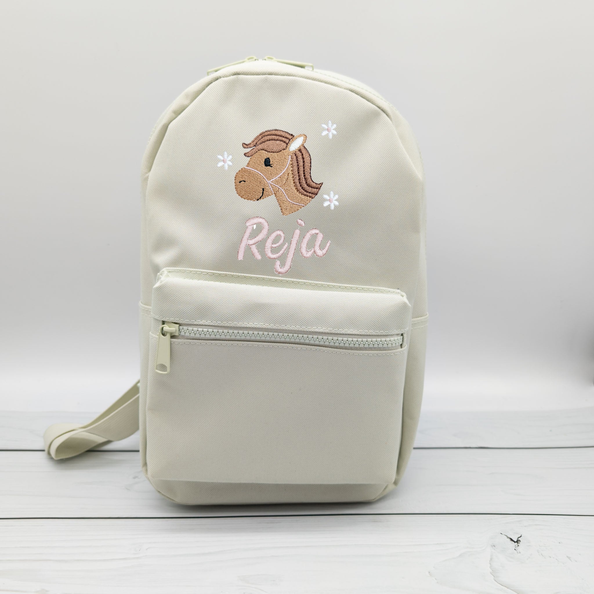 Kinderrucksack personalisiert mit Name und Pferdkopf und Blumen 6 Farben wählbar (Kopie)