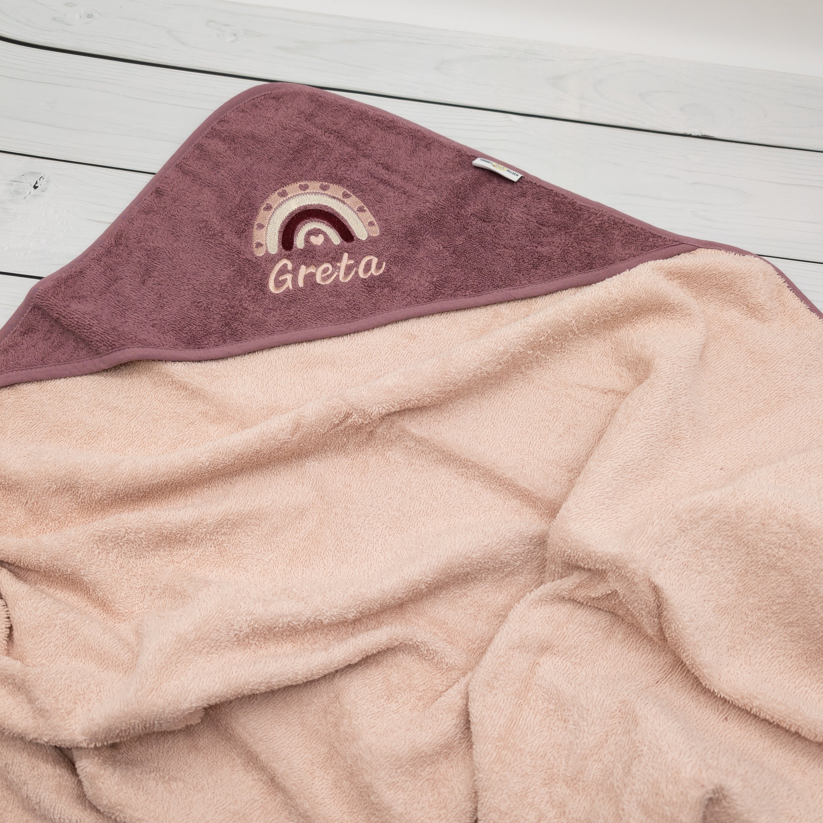 Kapuzenhandtuch mit Regenbogen mit Namen personalisiert Geschenk Geburt mit Namen