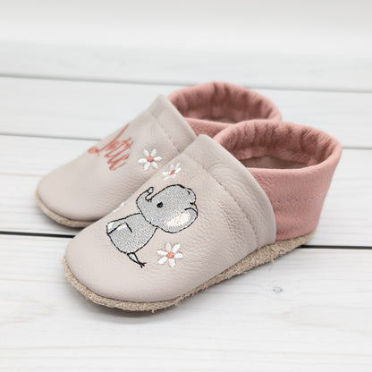 Krabbelschuhe mit Elefant und Blumem aus Echtleder mit Name