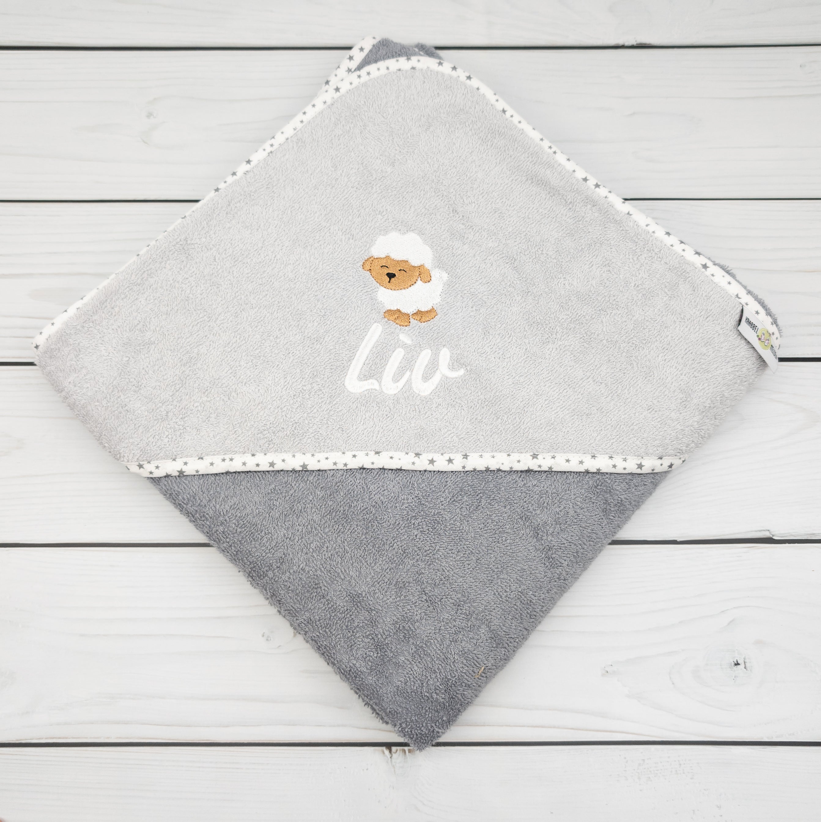 Kapuzenhandtuch mit Schaf und mit Namen personalisiert 100 x 100cm Babygeschenk