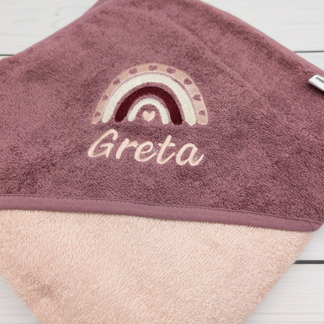 Kapuzenhandtuch mit Regenbogen mit Namen personalisiert Geschenk Geburt mit Namen