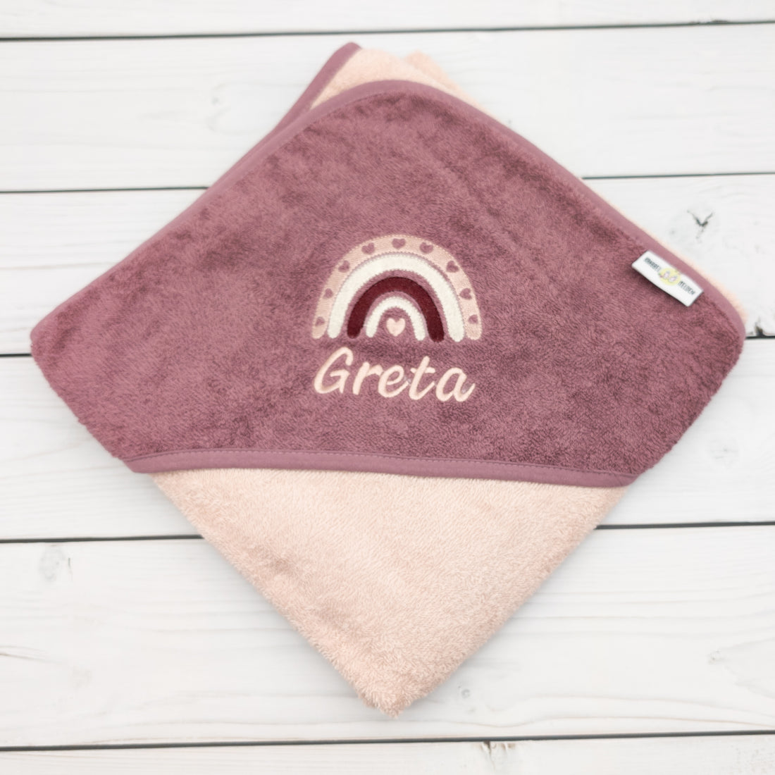 Kapuzenhandtuch mit Regenbogen mit Namen personalisiert Geschenk Geburt mit Namen