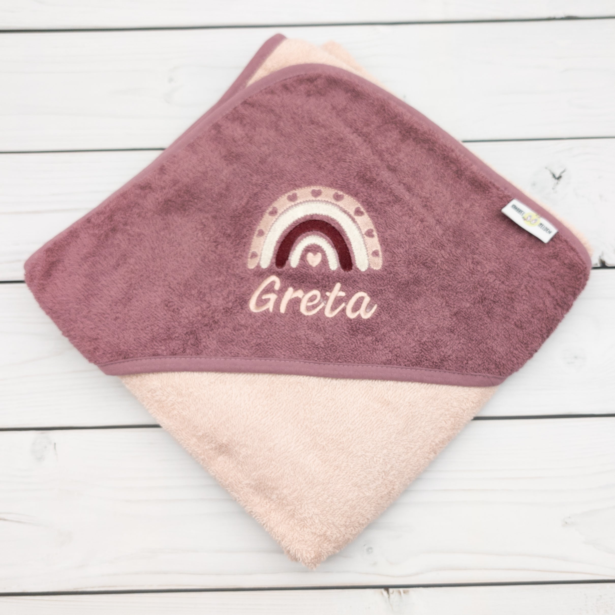 Kapuzenhandtuch mit Regenbogen mit Namen personalisiert Geschenk Geburt mit Namen