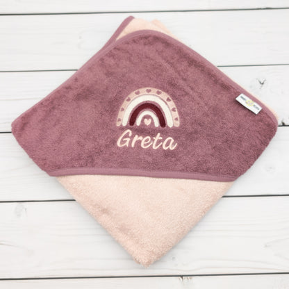 Kapuzenhandtuch mit Regenbogen mit Namen personalisiert Geschenk Geburt mit Namen