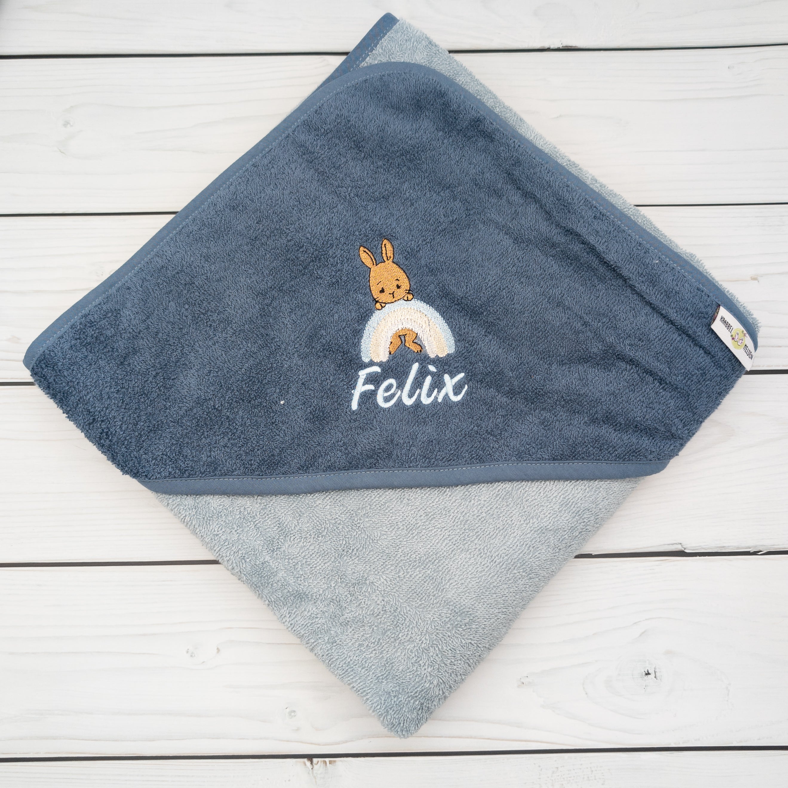 Personalisiertes Kapuzenhandtuch mit  Hase und Regenbogen - Geschenk mit Namen