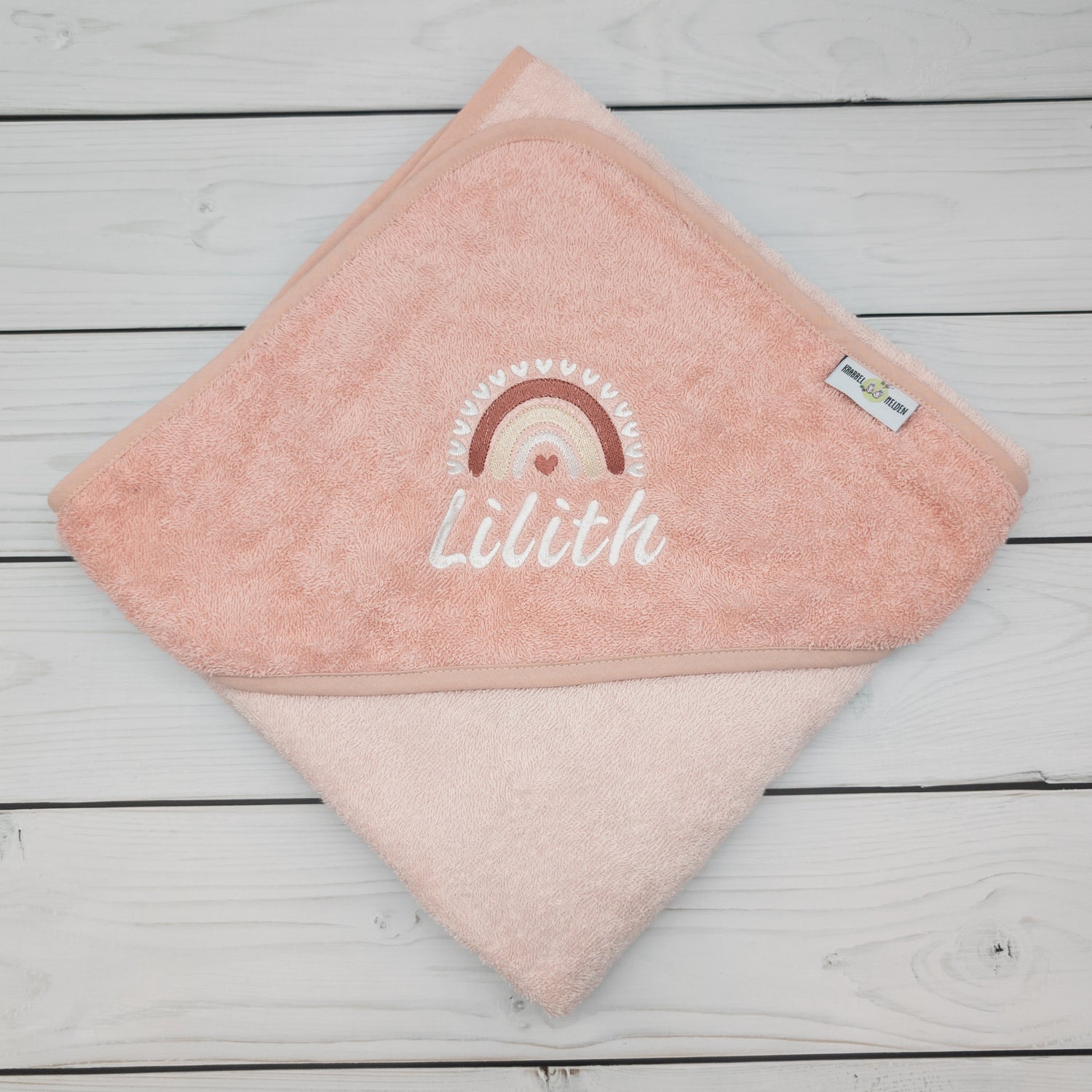 Kapuzenhandtuch mit Regenbogen und mit Namen personalisiert 100 x 100cm Babygeschenk